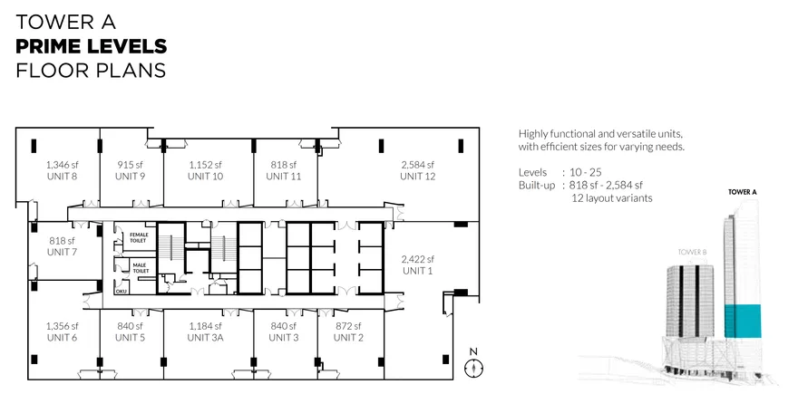 Tower A - Prime Levels 10-25 · 818-2,584 sf