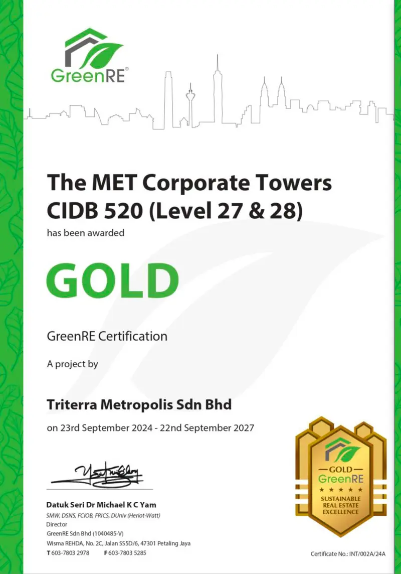 GOLD - GreenRE Certification (CIDB 520, Level 27 & 28)